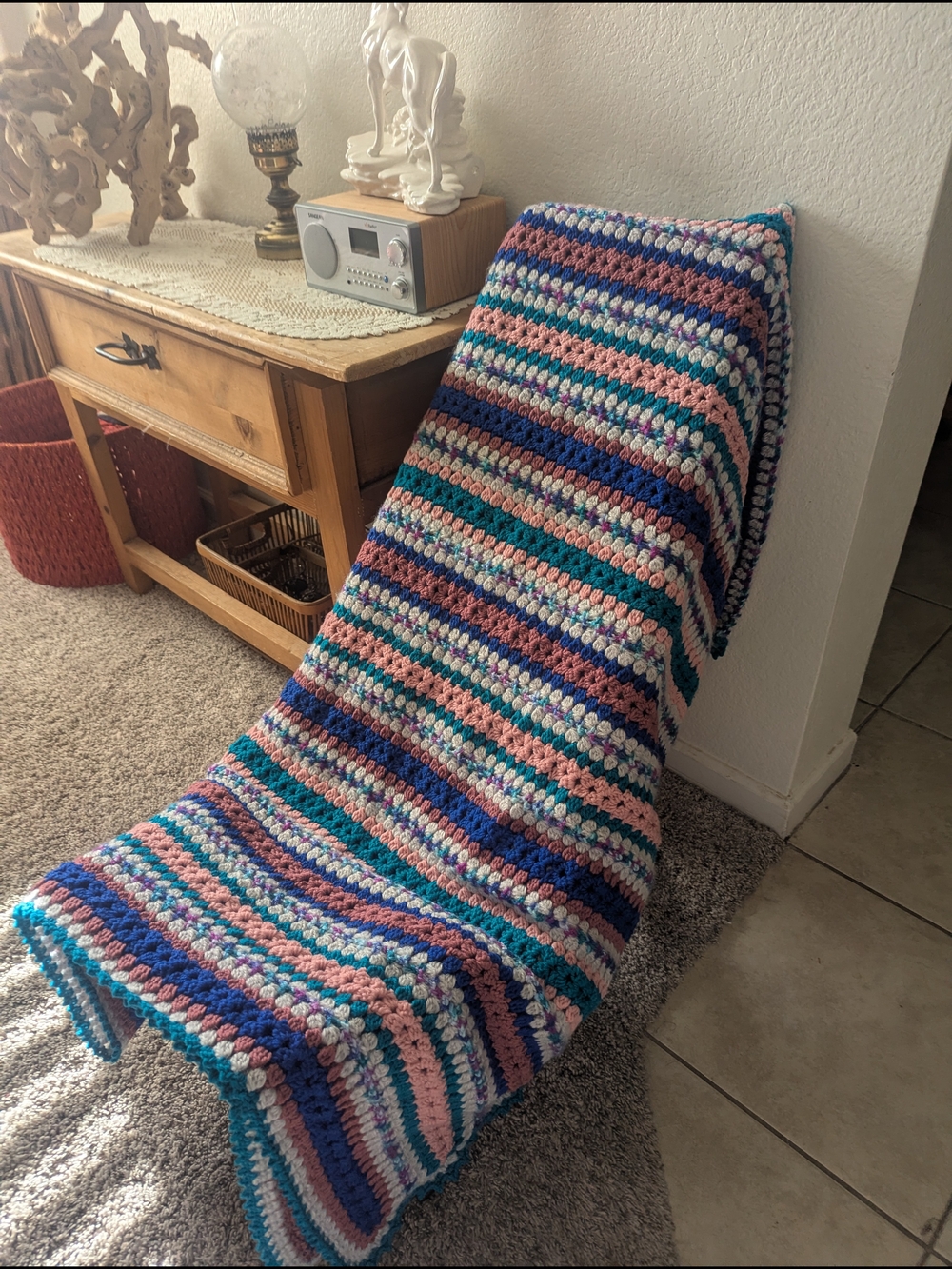 Handmade Multicolor Crochet Striped Throw Blanket in Teal, Pink & Purple